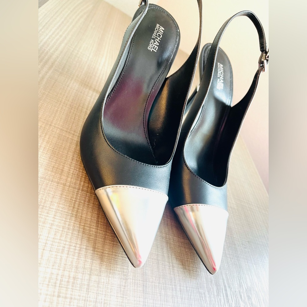 Michael Kors Kandence Black Leather Silver Toe  Kitten Heels
